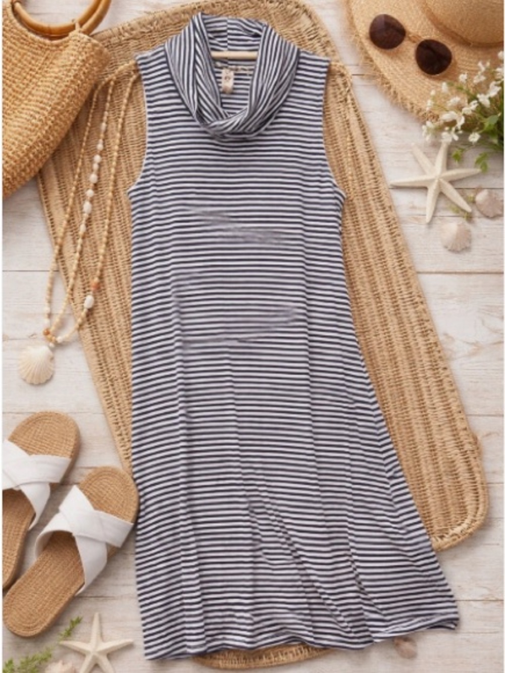 Dolan Left Coast Collection Navy Cream Stripe Cowl Neck Sleeveless Midi Dress Si